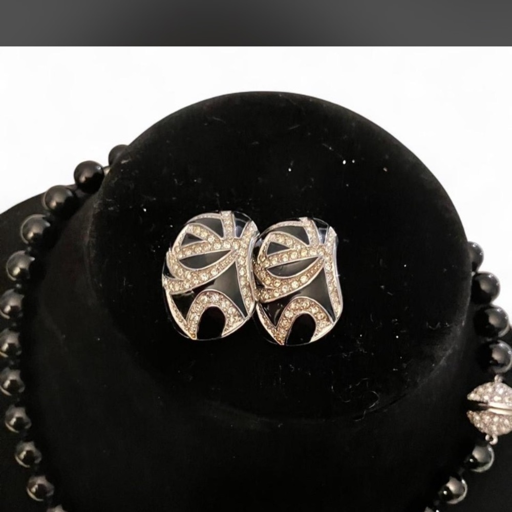 Old money Dior Vintage Black N Diamond Accents Clip Earrings.Onyx Necklace set! - Picture 9 of 15